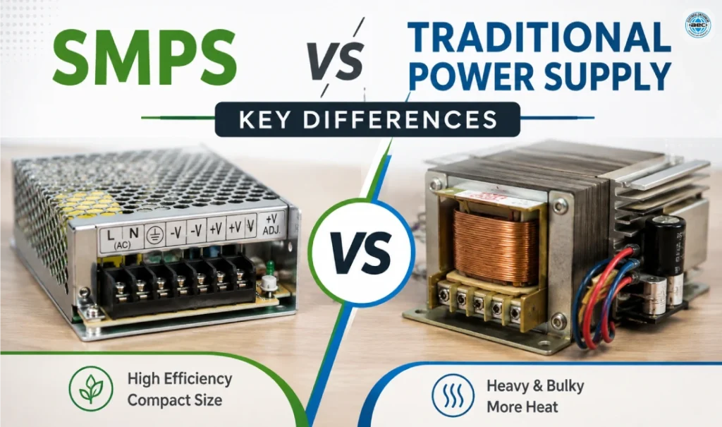 SMPS vs Traditional Power Supply showing key differences in efficiency, size, heat generation, and industrial applications