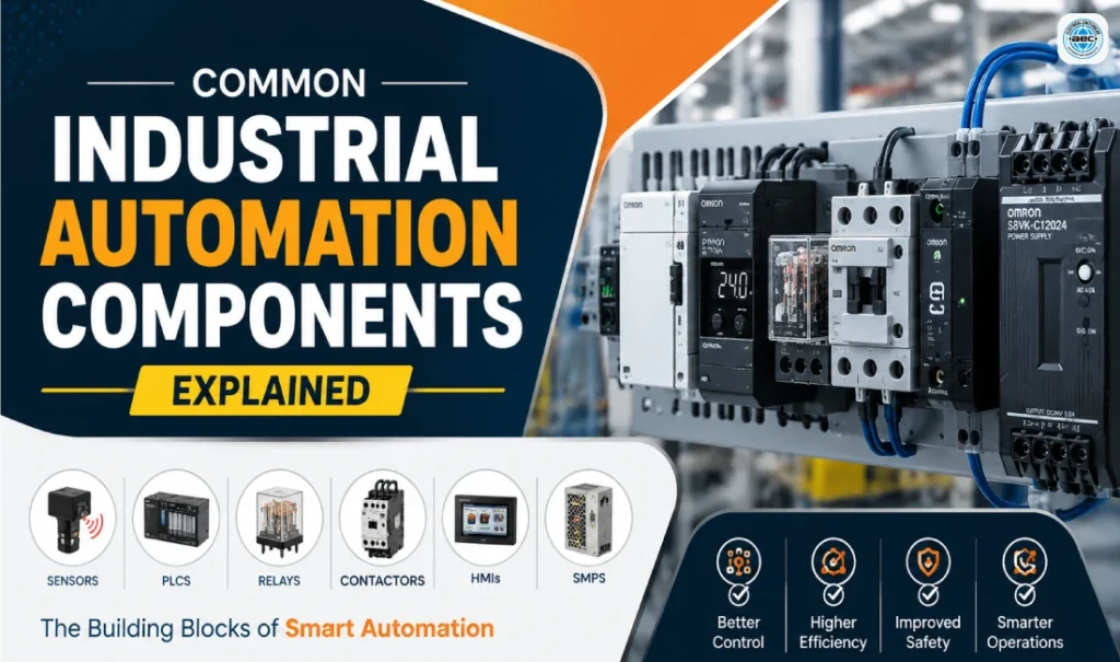 Industrial automation components including PLCs, sensors, relays, contactors, HMIs and SMPS