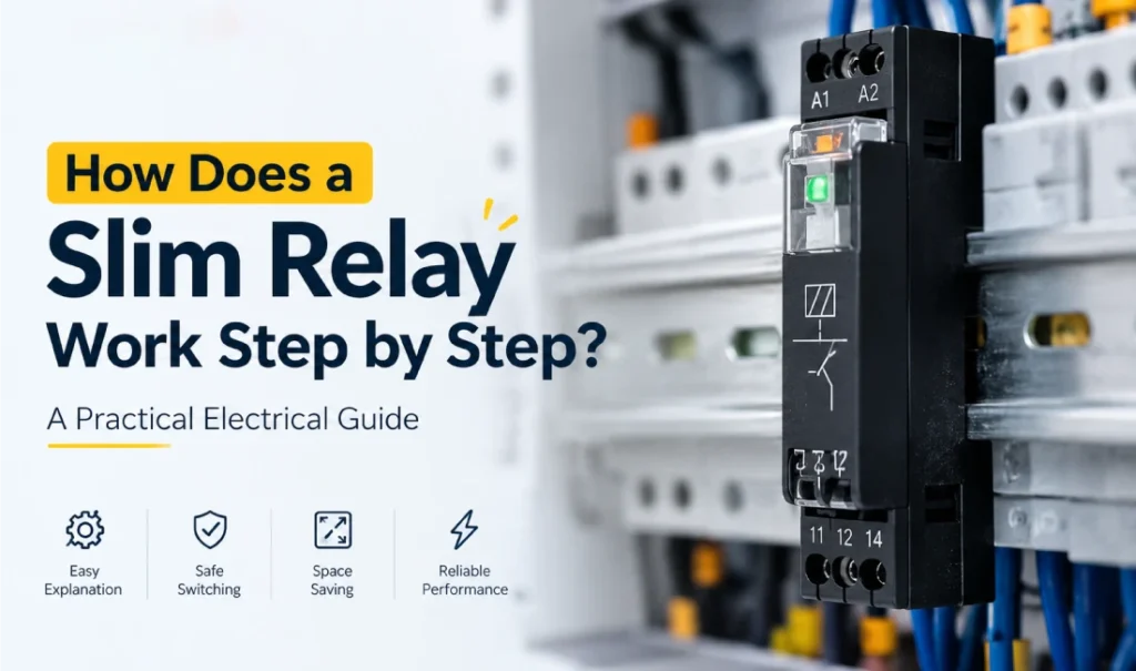 Slim relay module in an industrial control panel showing its working principle