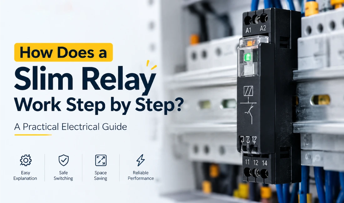 Slim relay module in an industrial control panel showing its working principle