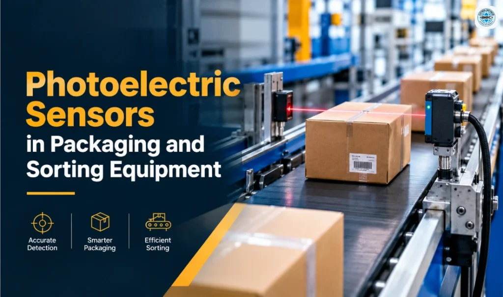 Photoelectric sensors detecting packages on an automated packaging and sorting conveyor system
