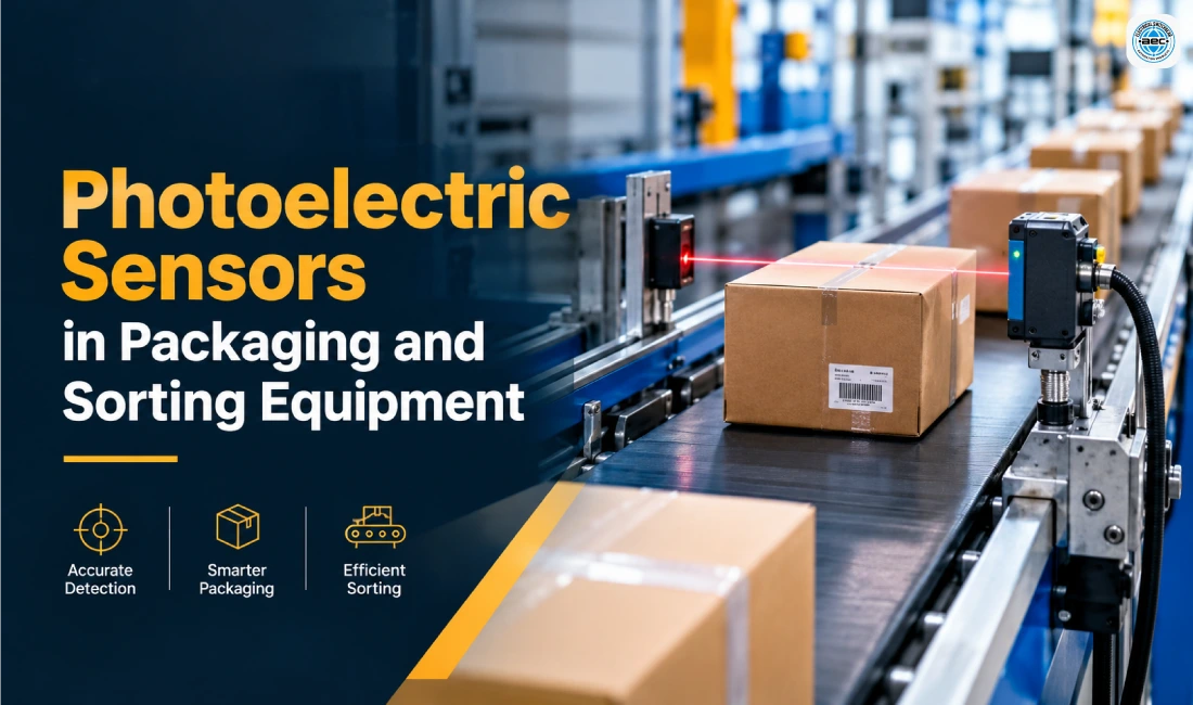Photoelectric sensors detecting packages on an automated packaging and sorting conveyor system